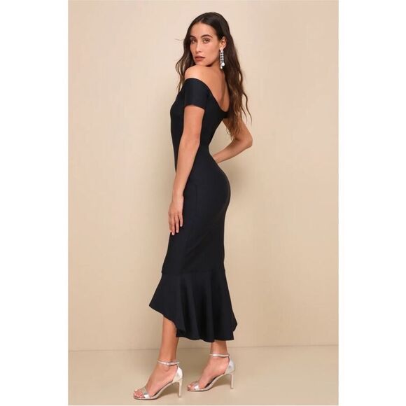 Lulus How Much I Care Black Off-the-Shoulder Midi Trumpet Dress Size Small NEW - Picture 3 of 16